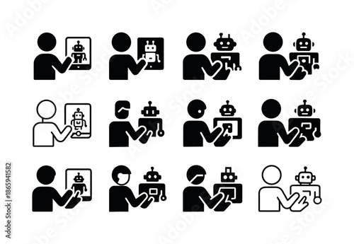 Robot Control Icons. A person controlling a robot via a tablet. Icon set. Set Logo of A person controlling a robot via a tablet: Human Hand Tapping Tablet.