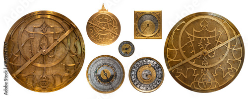 Quadro em tela Collection of antique astrolabes and historical astronomical instruments isolated on white background