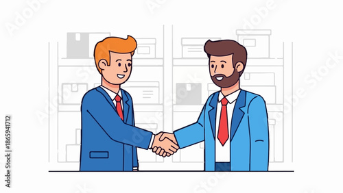 Two men in suits shake hands in front of shelves filled with boxes