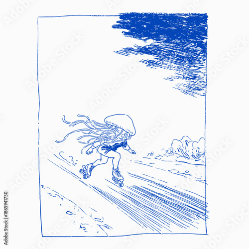 Quirky character rollerblading with a jellyfish in a whimsical setting