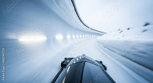Dynamic bobsledding race on an ice track, first person view