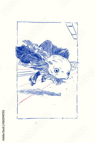 Quirky character rollerblading with a jellyfish in a whimsical setting