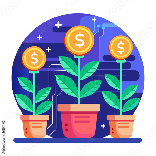 Flat style illustration showing defi growth and investment
