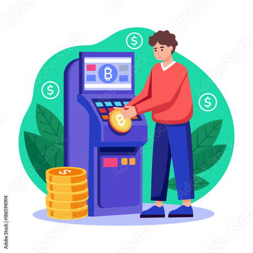 A flat style illustration representing crypto atm transaction
