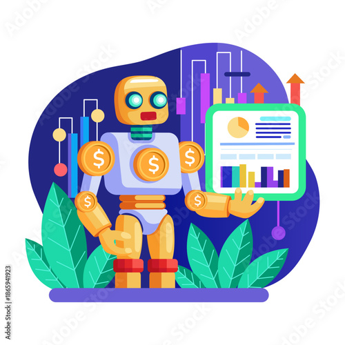 A flat style illustration representing robot crypto trading