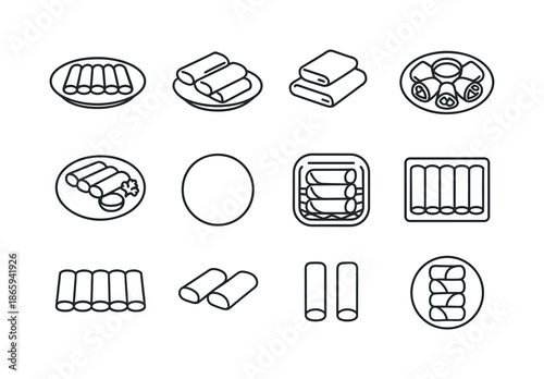 Spring Roll Icon Set. Spring Roll Plates. Line icon set of Spring Roll Plates: full plate rolls, arranged rolls, stacked rolls, sliced rolls layout, dip in