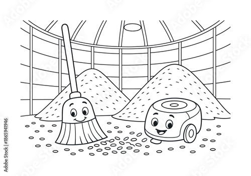 Happy Cleaning Helpers. Silo interior cleaning scene children?s coloring book illustration, outlined drawing, smiling broom and vacuum robot cleaning the grain