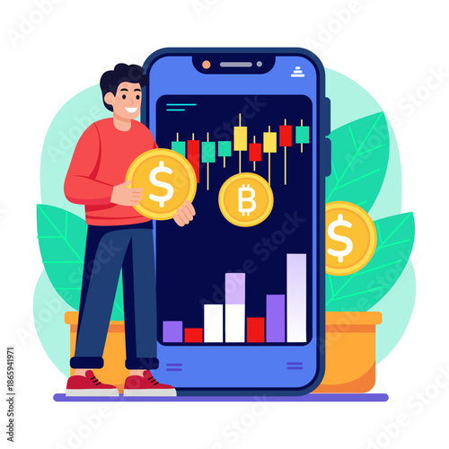 Flat style illustration showing mobile trading
