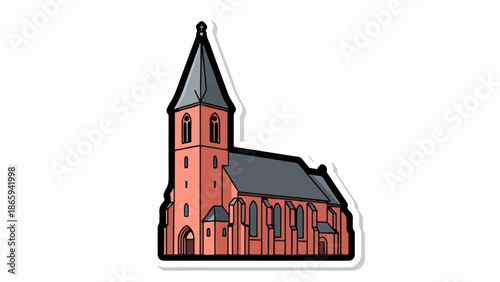 Stylized illustration of a coral-colored church with a tall, pointed steeple and arched windows