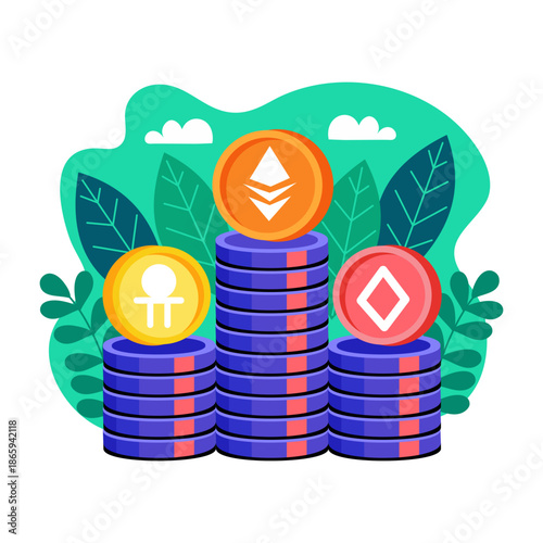 Flat style illustration showing digital currencies