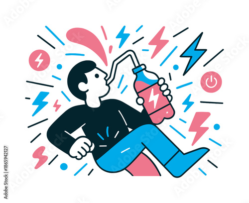 Energetic Sip. Energy drink splash. A figure sips from a bottle with lightning-shaped straw; abstract power symbols and glow lines radiate. Modern flat-line