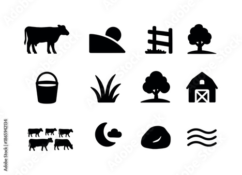 Quiet Pasture Icons. Quiet pasture evening. Solid icon set of Quiet pasture evening: lone cow, sloping hill, setting sun, fence corner, water pail, grass