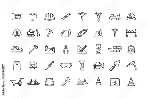 Industrial construction line icons for building site