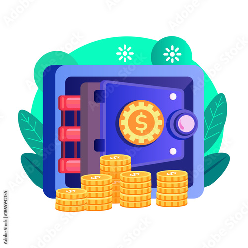 Flat style illustration showing vault storing crypto