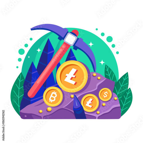 A flat style illustration representing crypto mining