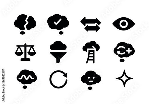 Thought Restructuring Icons. Thought restructuring. Solid icon set of thought restructuring: broken thought bubble, repaired thought bubble, replace icon,