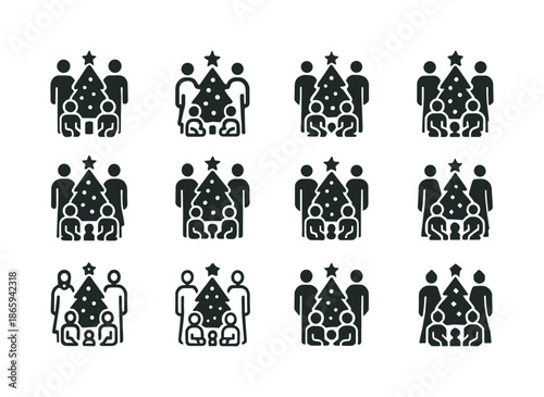 Festive Family Logos. family taking a holiday photo in front of the christmas tree. Icon set. Set Logo of family taking a holiday photo in front of the