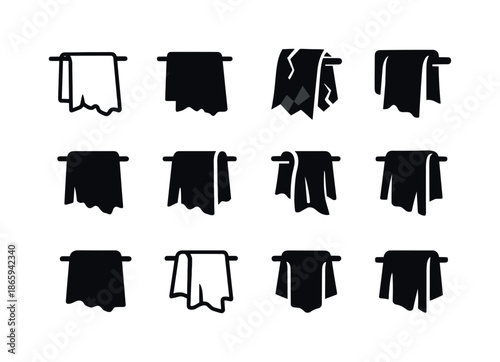 Worn Towel Logos. Worn Towel. Icon set. Set Logo of worn towel: towel draped over rail. harmonious logo variations of the same emblematic concept, each with