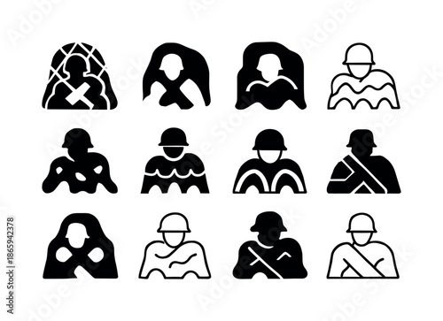 Hidden Soldiers Icons. Enemy soldiers hiding. Icon set. Set Logo of Enemy soldiers hiding: silhouette behind camouflage net. harmonious logo variations of the