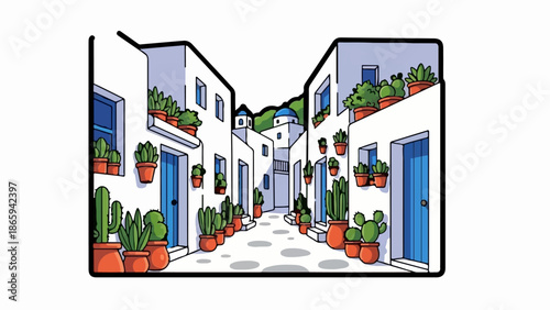 White buildings with blue doors and potted cacti line a cobblestone street in a sunny village