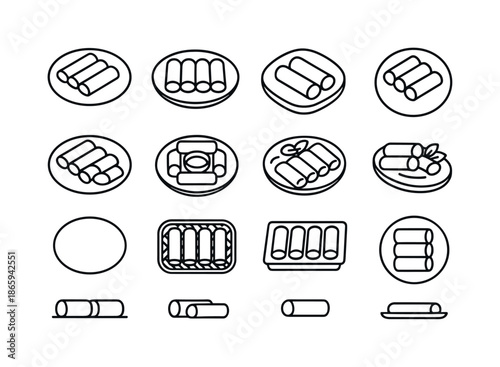 Spring Roll Icon Set. Spring Roll Plates. Line icon set of Spring Roll Plates: full plate rolls, arranged rolls, stacked rolls, sliced rolls layout, dip in