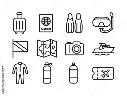 Dive Travel Essentials. Dive Travel. Line icon set of Dive Travel: suitcase, passport, fins, mask, snorkel, dive flag, map, camera, boat, wetsuit, air tank,