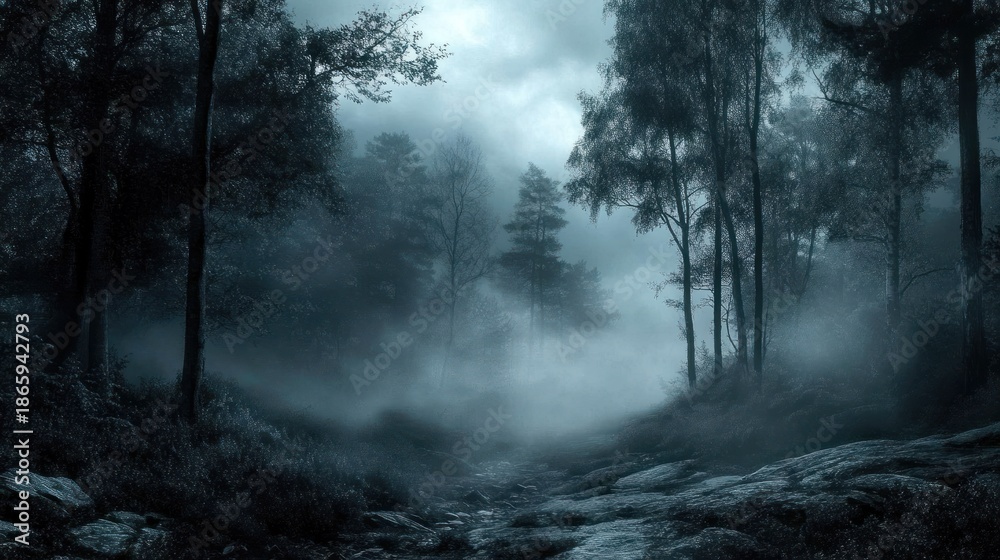 Fototapeta premium Foggy forest path at night, mysterious mood, nature scene, ideal for fantasy or horror