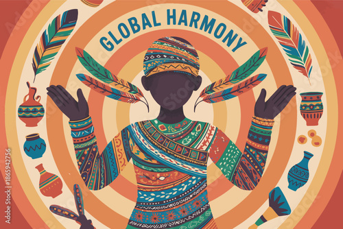 Global harmony cultural diversity illustration with person traditional clothing feathers