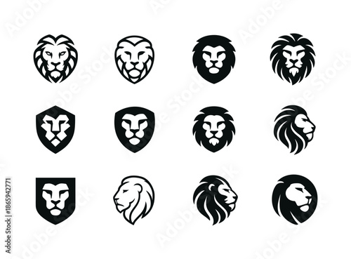 Lion Strength Icon Set. Strength. Icon set. Set Logo of Strength: lion head. harmonious logo variations of the same emblematic concept, each with different