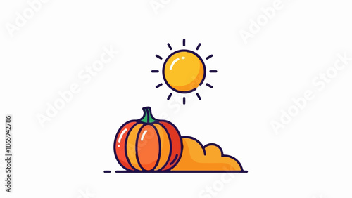 Stylized orange pumpkin and yellow sun illustration on white