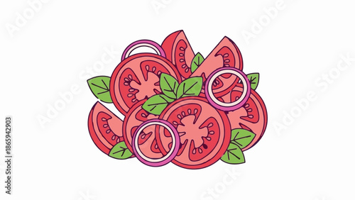 Sliced tomatoes and red onion rings with basil leaves, hand-drawn illustration