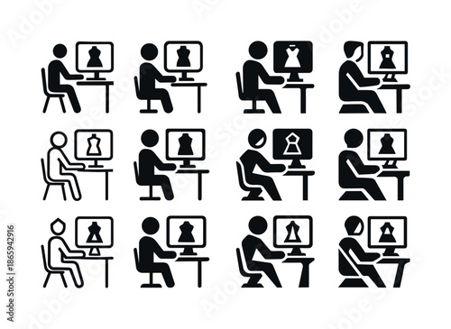 Fashion Designer Icon Set. A designer creating a new collection on a computer with fashion design software. Icon set. Set Logo of A designer creating a new