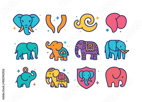 Colorful Elephant Icons. Elephant Symbols. Colorful isometric vector icons set of Elephant Symbols: elephant head icon, tusk emblem, trunk swirl, ear shape,
