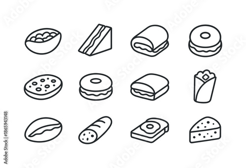 Filled Bread Icons. Filled breads. Line icon set of Filled breads: stuffed pita, sandwich cut, roll with filling, bun with center, focaccia with cheese, bagel
