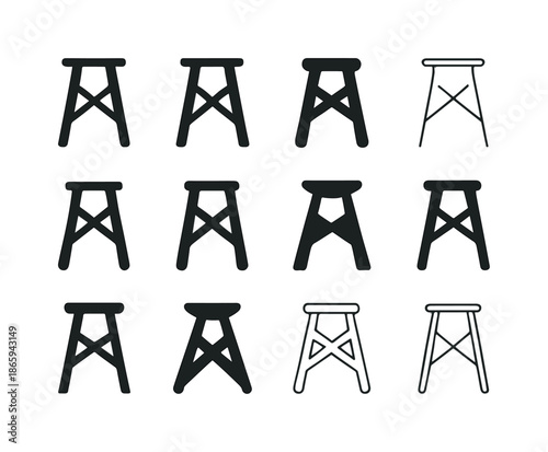 Bar Stool Logos. Bar stool leg. Icon set. Set Logo of Bar stool leg: Cross-Braced Leg Base. harmonious logo variations of the same emblematic concept, each