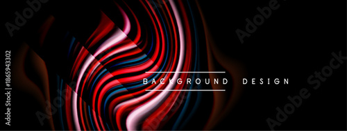 Abstract design features flowing lines, vibrant reds, blues, whites against dark background. Modern, dynamic visual composition.