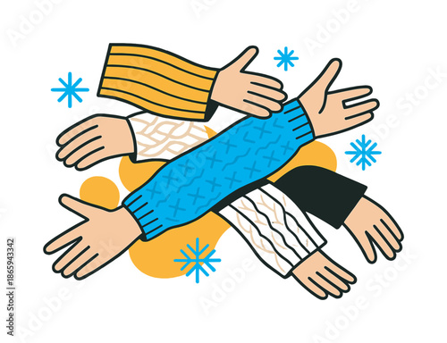 Layered Knit Design. Layered knits. Multiple sweater sleeves overlap, showing various textures and patterns; soft geometric snowflakes float near. Modern