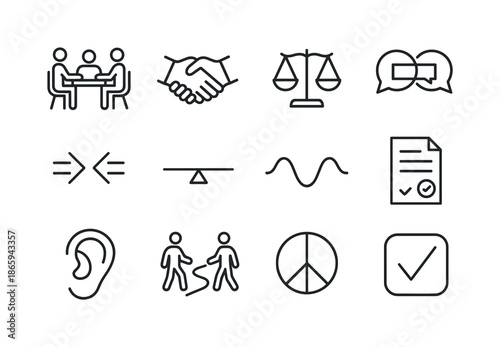 Conflict Resolution Icons. Conflict resolution. Line icon set of conflict resolution: mediation table, calm handshake, neutral scale, speech bubble bridge,