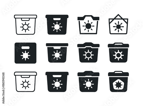 Summer Clothes Storage Icons. Putting away summer clothes. Icon set. Set Logo of putting away summer clothes: labeled storage bin with sun icon. harmonious