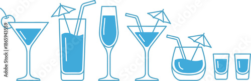 Cocktail glass illustration set, stylized drinkware vector, party beverage design, barware sketch, festive celebration art