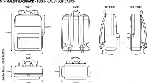 Flat vector illustration, technical backpack sketch, multi-view design, minimalist style, fashion template, product specification, construction blueprint