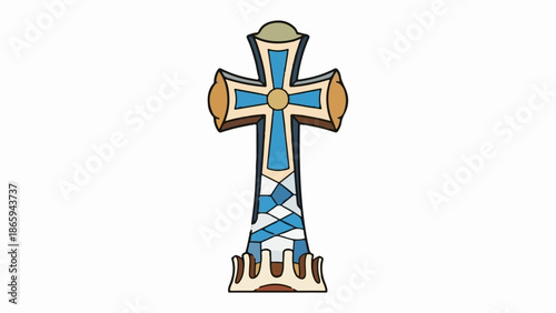 Stylized cross with blue stained glass-like segments at its base