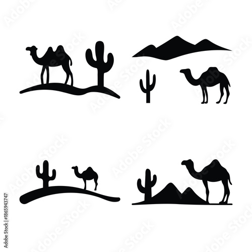 Desert animal and plant silhouettes collection with mountains Vector