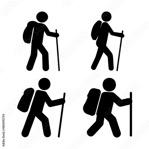 Hiking stick figures set: adventurers with backpacks walking Vector