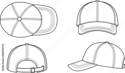 Flat vector illustration, technical baseball cap sketch, multi-view design, fashion headwear template, product specification, structured construction blueprint