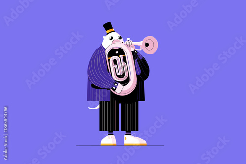 Stylish Musician Playing Trumpet Against a Vibrant Background