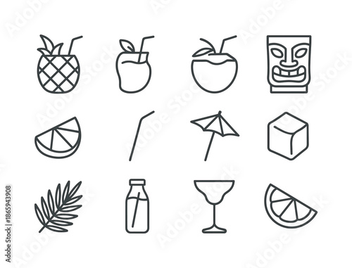 Tropical Drink Icons. Tropical beverages. Line icon set of Tropical beverages: pineapple drink, mango smoothie, coconut drink, tiki cup, fruit slice, straw,
