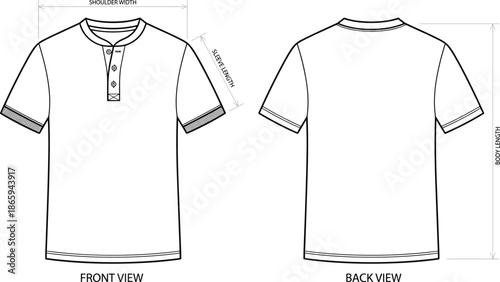 Flat vector illustration, technical henley shirt sketch, front and back view, fashion design, garment template, apparel construction blueprint