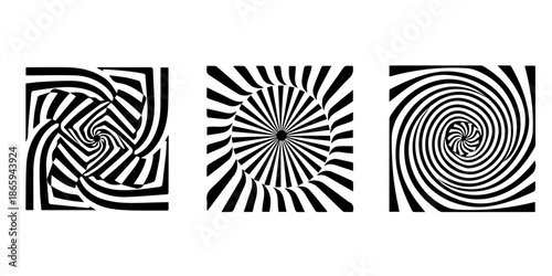 Black and white optical illusion patterns on white background isolated on transparent background, Vector