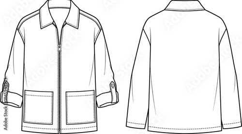 Flat vector illustration, technical jacket sketch, front and back view, fashion design, garment template, clothing construction, outerwear blueprint